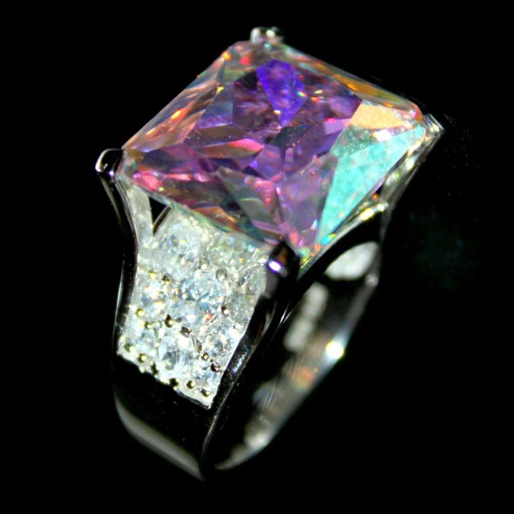 925 Sterling Silver Womens His Presence of God Aurora Borealis Ab Chunky Ring